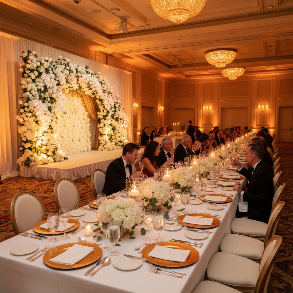 Four Seasons gala gecesi çiçek dekorasyonu — masa aranjmanları ve sahne dekorasyonu