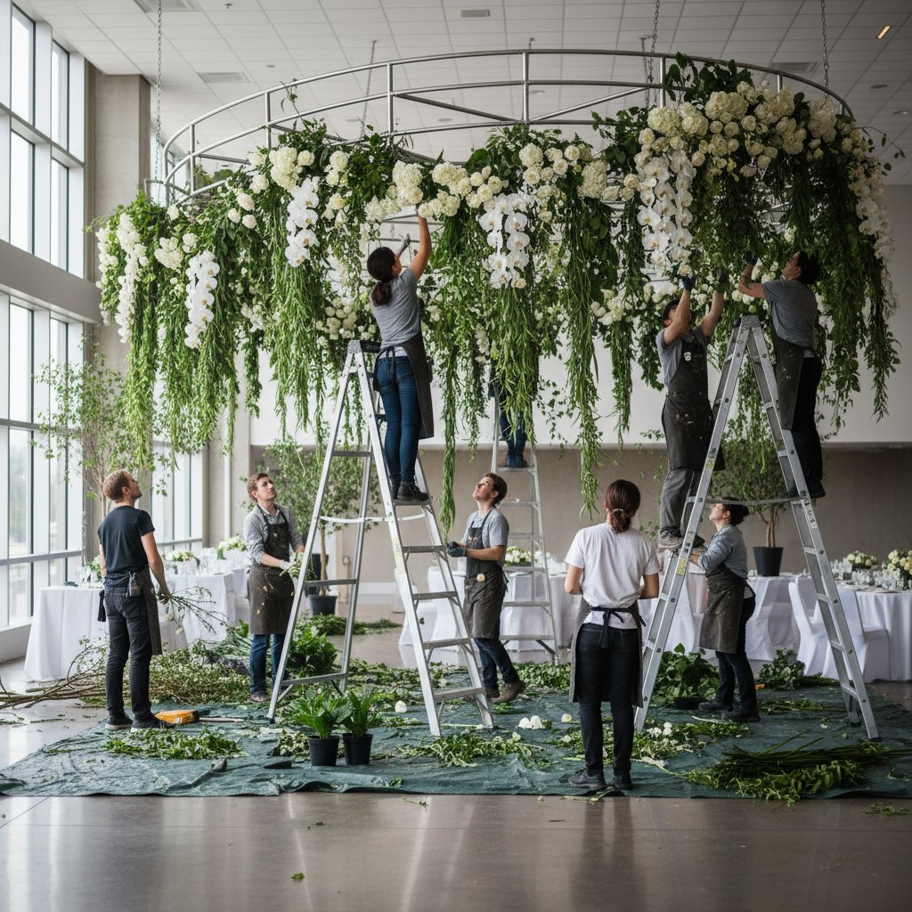 Flora Dekorasyon ekibi büyük ölçekli çiçek enstalasyonu kurarken